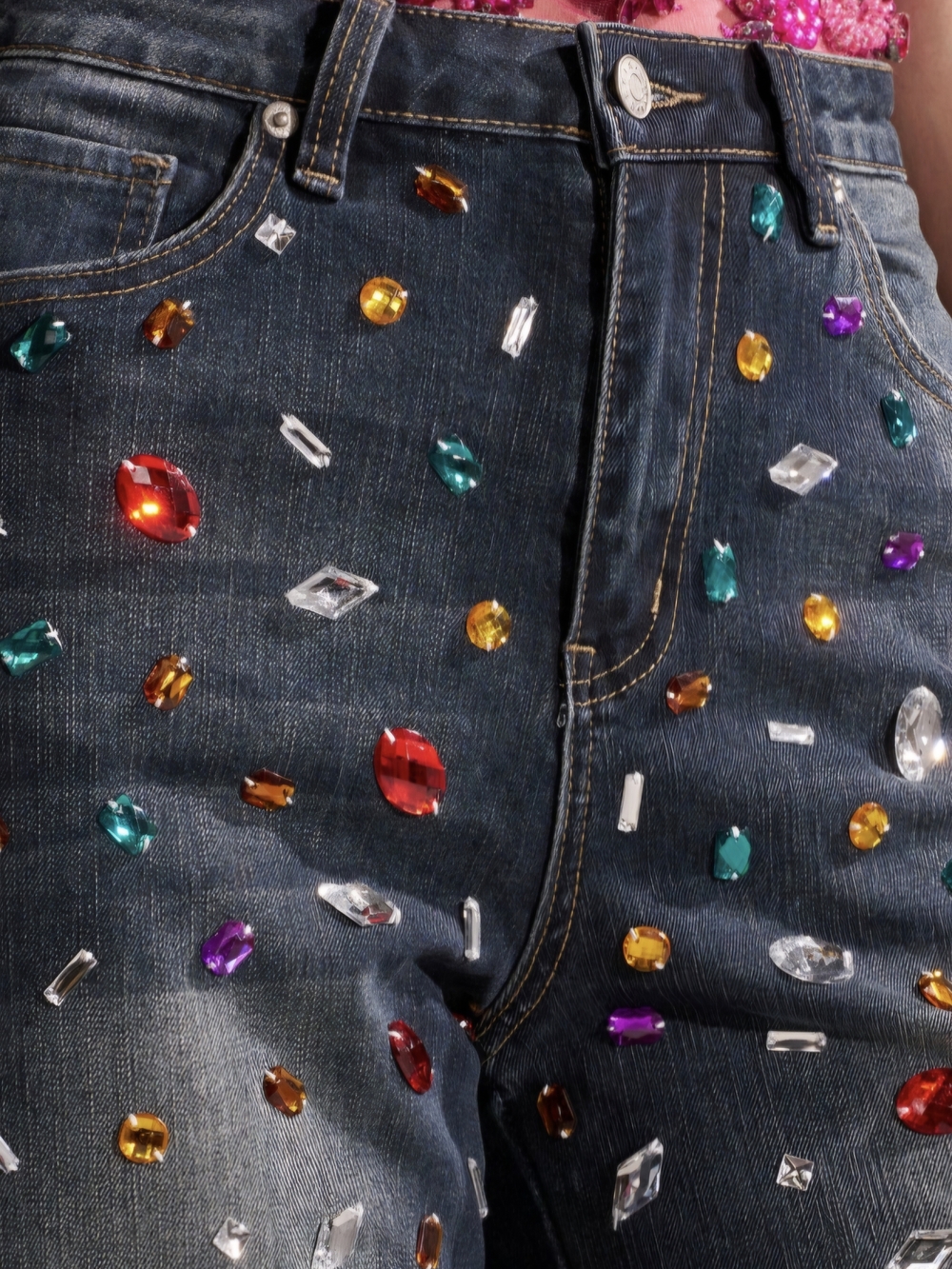 AKIRA Straight-Leg Jeans with Multicolor Jewel Embellishments - Dark Wash - Picture 2 of 9